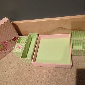 Little Birds Box/Fabric Jewelry Box Green White Pink.